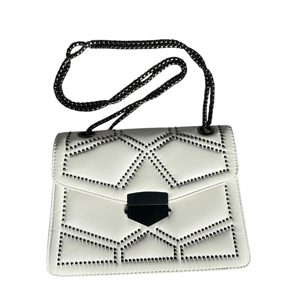 White Vegan Leather Studded Crossbody Shoulder Bag Chain Strap
